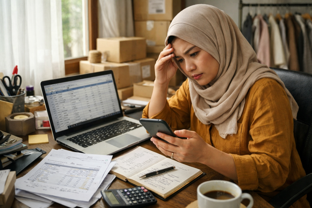 Malaysian seller managing multiple online orders across platforms with manual tracking