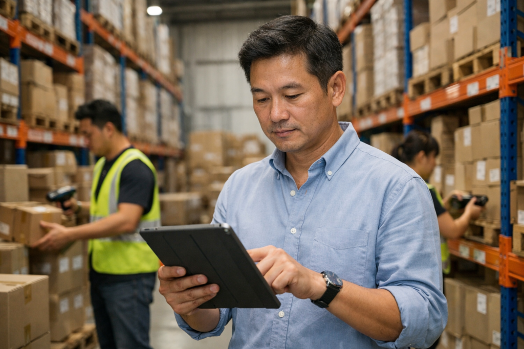 Warehouse manager reviewing real-time inventory data inside a modern Malaysian fulfillment warehouse