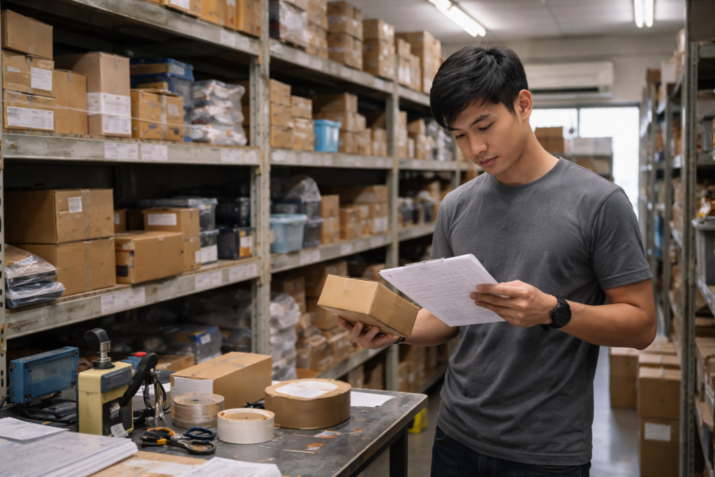 Manual stock checking process showing risks to Prevent Shopee Overselling Issues in a Malaysian warehouse