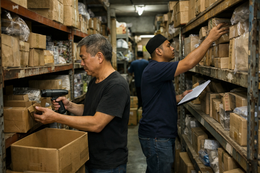 Warehouse workers picking items from shelves in a small Malaysian fulfillment center