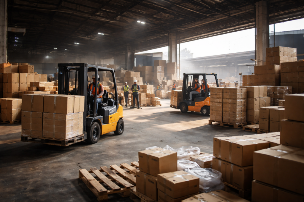 Wide-angle shot of a Malaysian logistics area with forklifts moving boxes, natural clutter of operational warehouse, realistic lighting, no staged poses, no logos, no flags, slight dust particles in air
