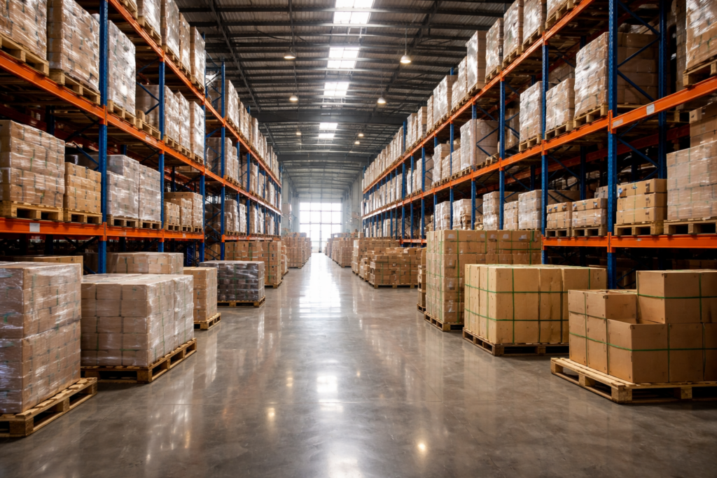 Interior of a Malaysian warehouse showing pallets, crates, and racks, small sunlight reflections on polished floor, no people, ultra-realistic, slight imperfections in stacking, no logos, no flags