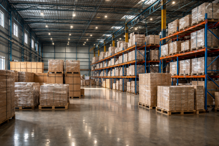 Interior of a Malaysian warehouse showing pallets, crates, and racks, small sunlight reflections on polished floor, no people, ultra-realistic, slight imperfections in stacking, no logos, no flags