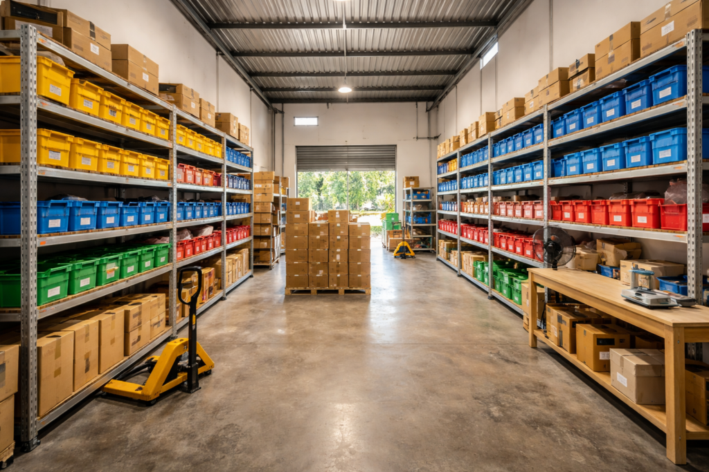 Interior of a small Malaysian warehouse with neatly organized shelves and color-coded bins, realistic lighting