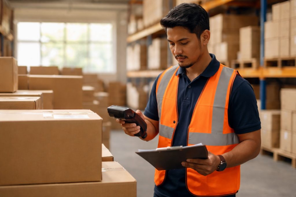 A Malay worker scanning goods on a handheld device in a medium-sized Malaysian warehouse, natural daylight filtering through windows, minimal staff, boxes neatly arranged, no logos, no flags, candid moment, ultra-realistic