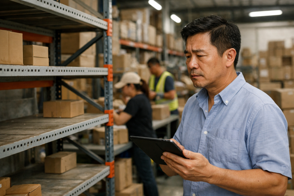 Warehouse staff using barcode scanning technology for solving constant stockout issues in a Malaysian fulfillment center