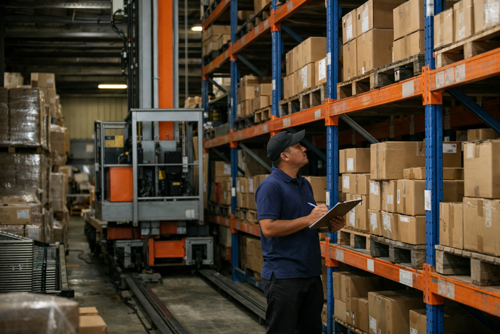 Small Warehouse Automation Investment Malaysia showing automated shelving and worker conducting inventory check
