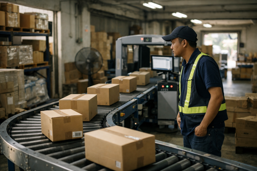 Small Warehouse Automation Investment Malaysia showing automated conveyor with a worker monitoring operations