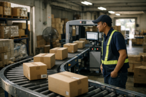 Small Warehouse Automation Investment Malaysia showing automated conveyor with a worker monitoring operations