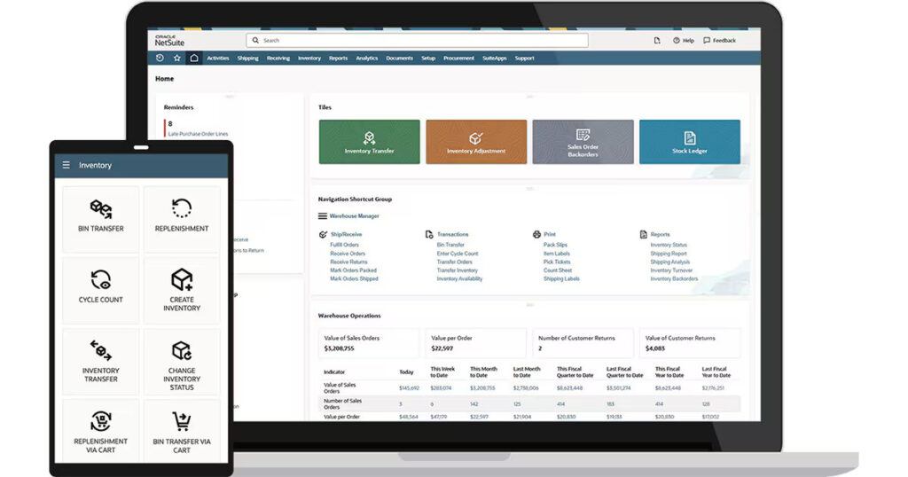 Oracle NetSuite WMS inventory dashboard displayed on a tablet in a warehouse aisle with shelves, boxes, and barcode scanning operations.