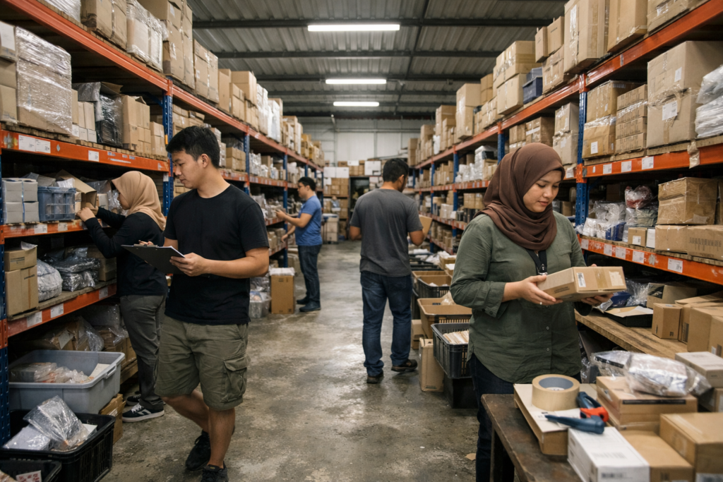 Top Warehouse Systems Southeast Asia 2026 showing a Malaysian warehouse worker performing manual picking with barcode scanner