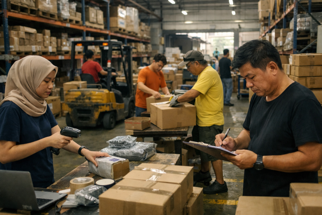 warehouse control issues in a Malaysian warehouse showing disorganized operations, inconsistent inventory handling, and workers managing tasks without synchronized systems