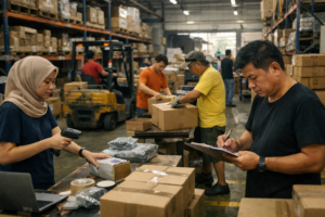 warehouse control issues in a Malaysian warehouse showing disorganized operations, inconsistent inventory handling, and workers managing tasks without synchronized systems
