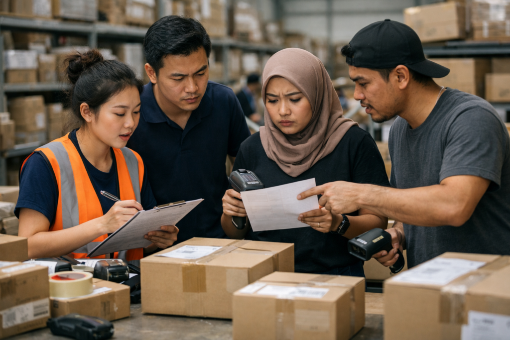 Malaysian warehouse team discussing shipment delays caused by inventory shortages