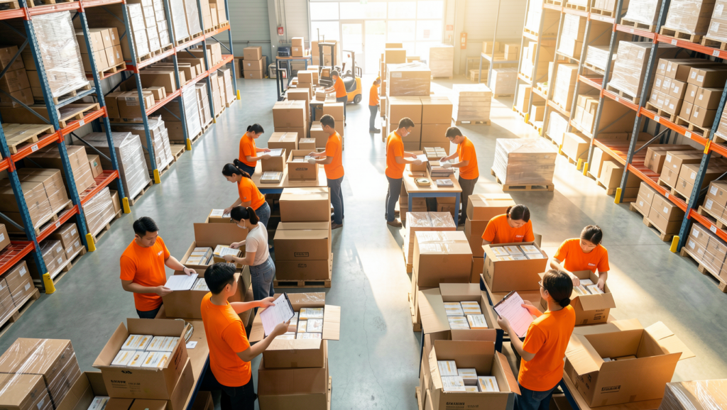 Staff using payrecon system to operating in warehouse
