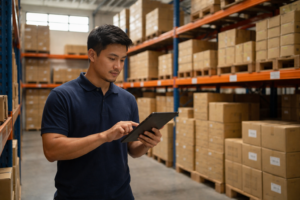 Small Malaysian warehouse with a worker checking inventory, illustrating WMS implementation timeline Malaysia.