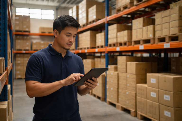 Small Malaysian warehouse with a worker checking inventory, illustrating WMS implementation timeline Malaysia.
