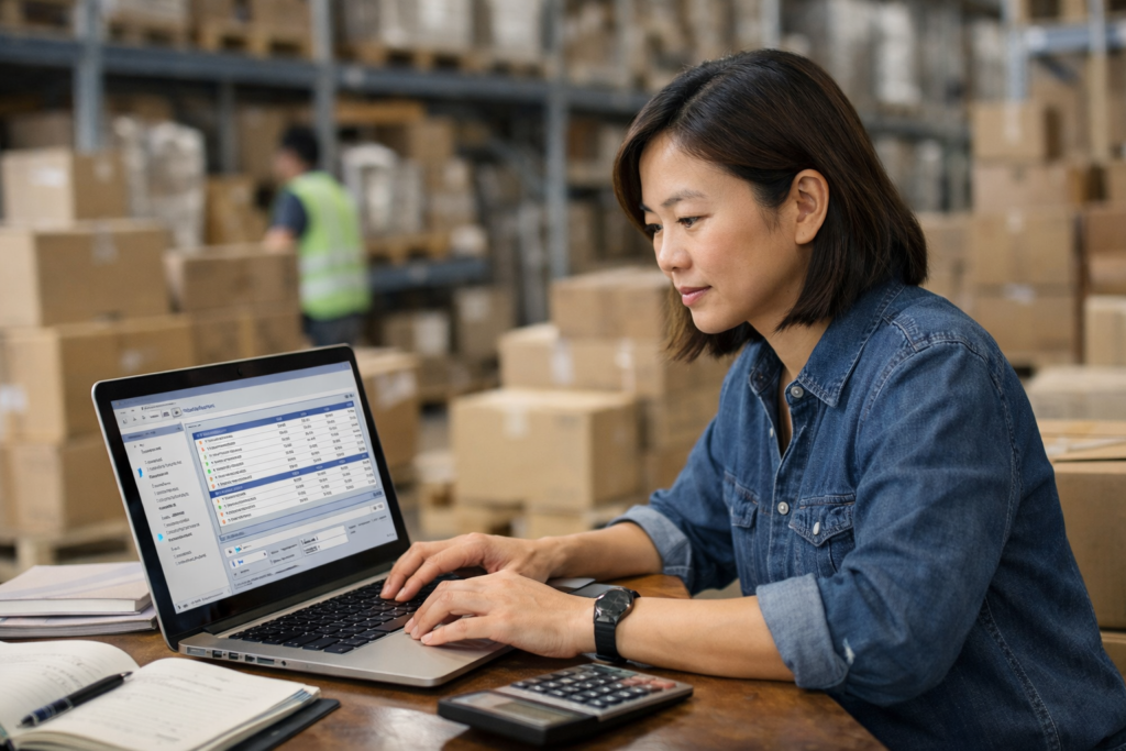 Chinese-Malaysian staff using laptop to reconcile warehouse stock with SQL Accounting software, medium warehouse background, boxes and shelves visible, natural lighting, candid working posture, no logos, no flags