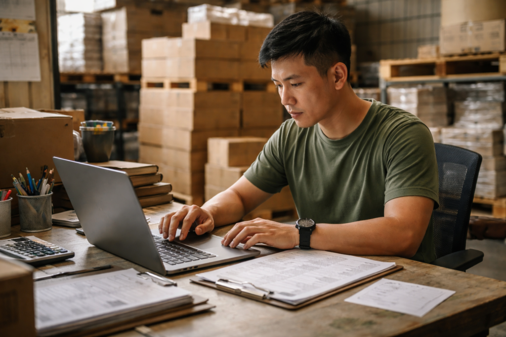 WMS Integration with SQL Accounting: Malaysian staff reviewing inventory accuracy in a warehouse office