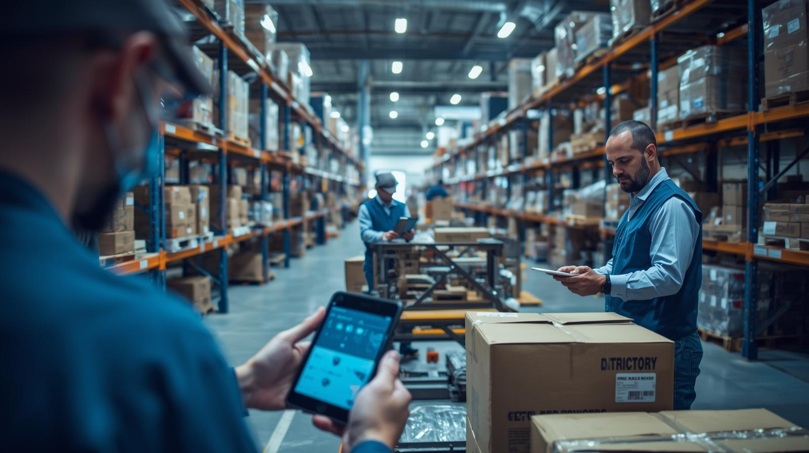 workers efficiently handling picking, packing, and replenishment guided by digital task systems