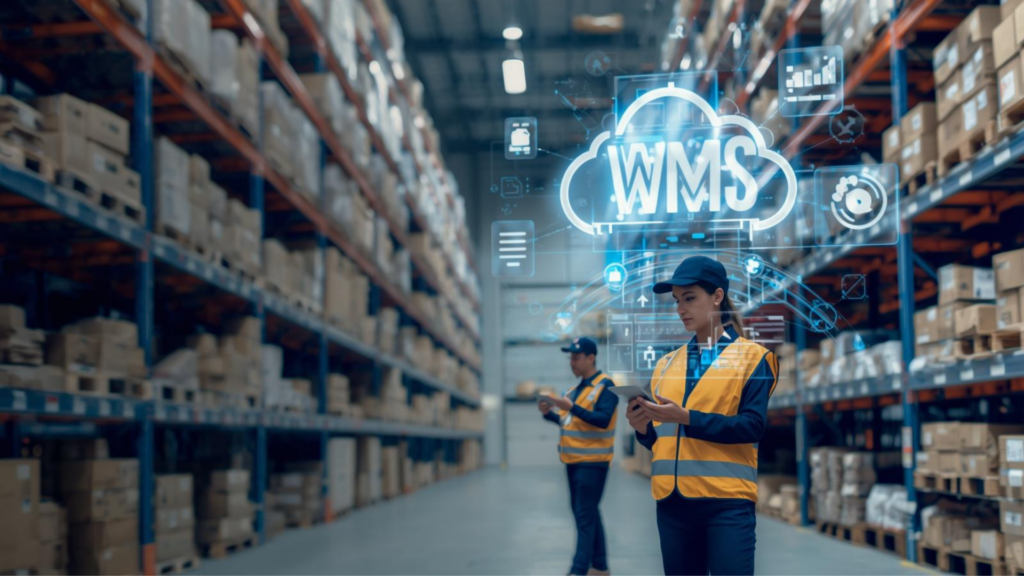 Modern warehouse with digital overlays, workers using tablets, cloud-based WMS integration, and analytics dashboards, representing the 2025 best WMS features every warehouse manager should know.