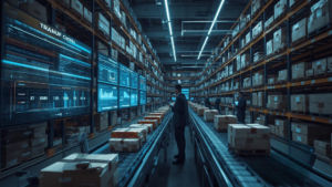 Warehouse inventory system dashboard managing stock levels and order fulfillment inside a modern distribution warehouse.