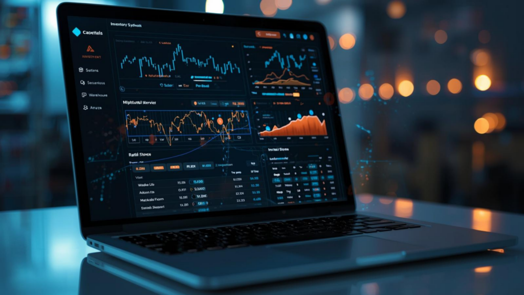 Warehouse inventory system synchronizing stock data across e-commerce platforms and warehouse databases.