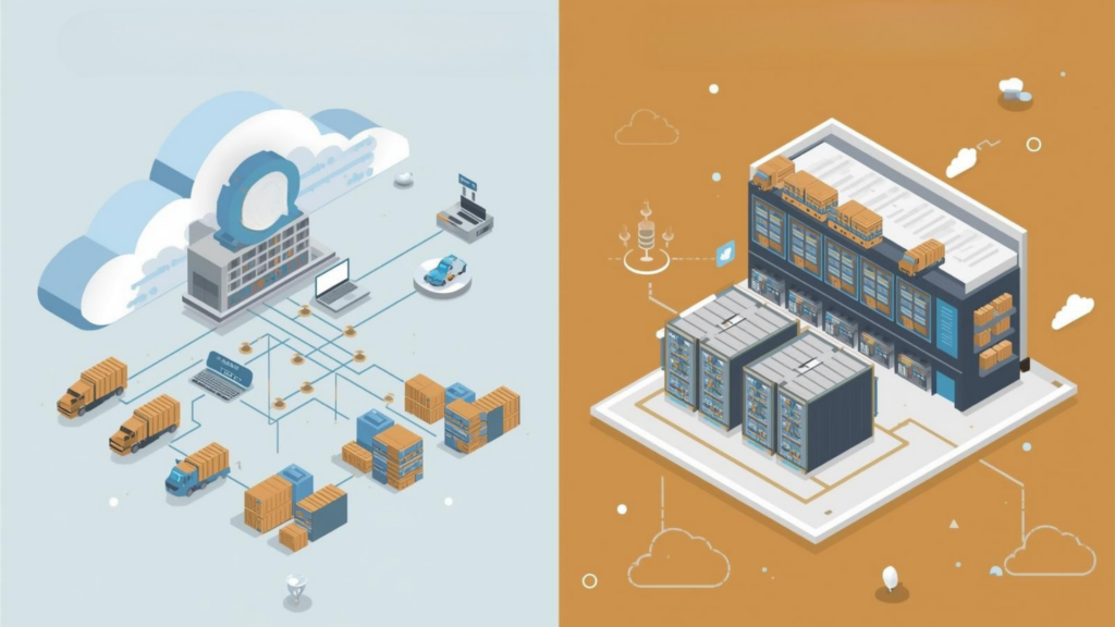 Comparison between cloud-based and on-premise warehouse inventory system deployment models across warehouse networks.