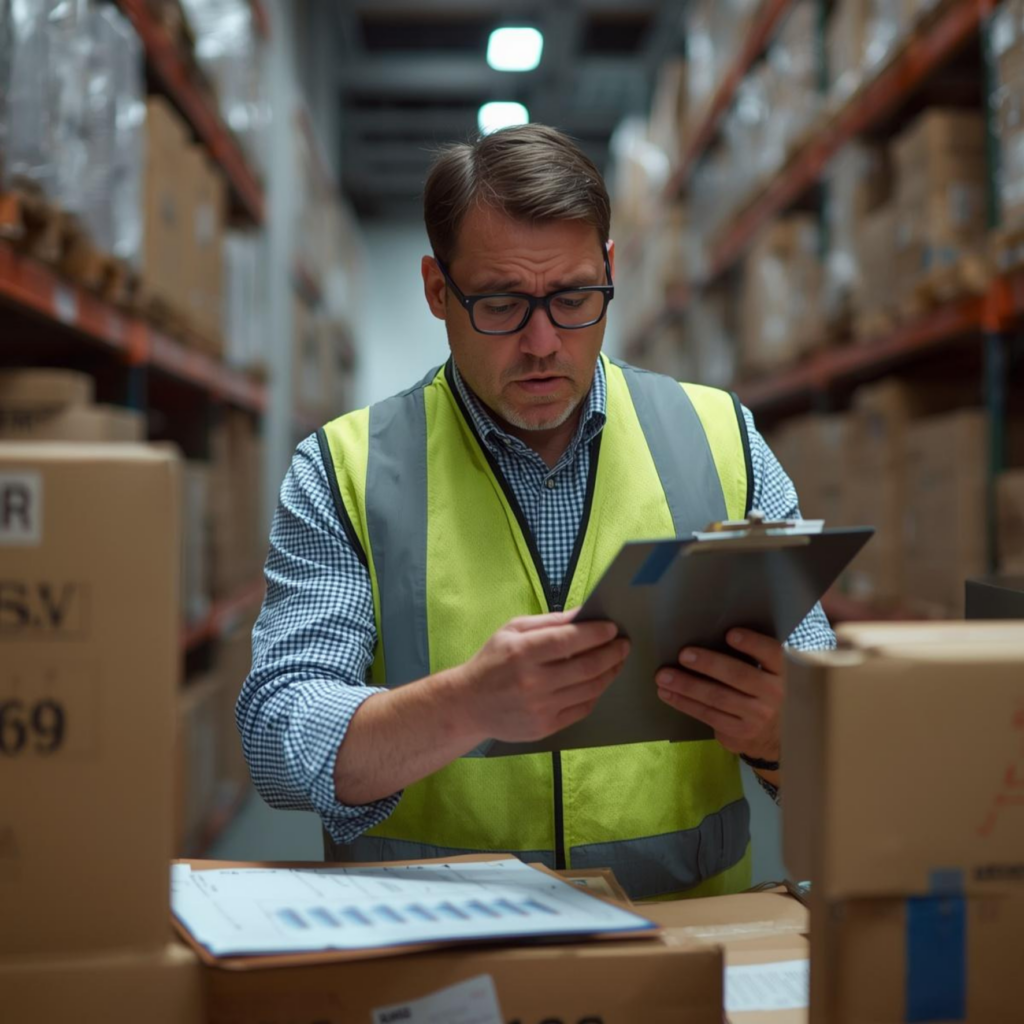 Warehouse employee making manual stock count errors, illustrating data entry and physical count mistakes.