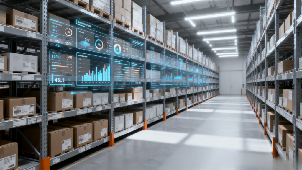 Warehouse inventory discrepancies illustrated with digital stock data mismatch in a modern warehouse environment.