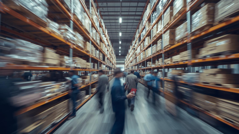 Cover image of a modern warehouse with workers scanning inventory and a digital dashboard overlay, representing order fulfillment and warehouse management operations.