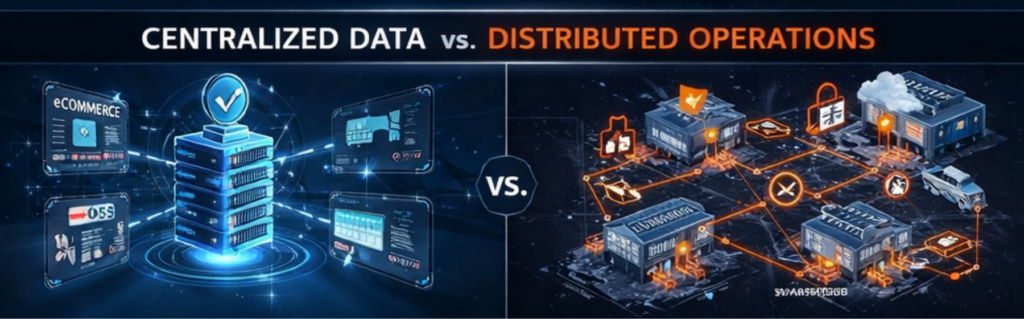 Centralized vs distributed inventory systems showing how stockouts and overselling occur due to synchronization challenges across multiple warehouse locations