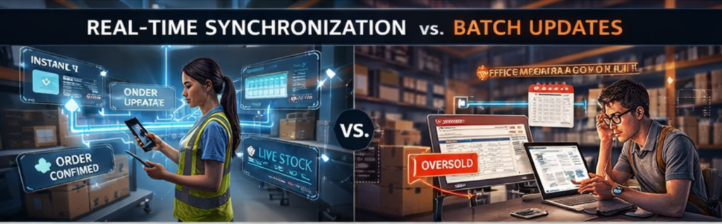 Real-time inventory synchronization compared with batch updates to reduce stockouts and overselling across sales channels