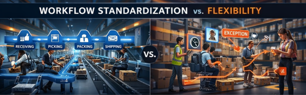 Standardized vs flexible warehouse workflows impacting inventory accuracy and contributing to stockouts and overselling risks