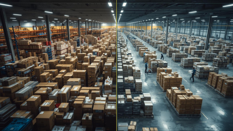Poor warehouse planning causing congestion and operational chaos compared to an optimized warehouse layout