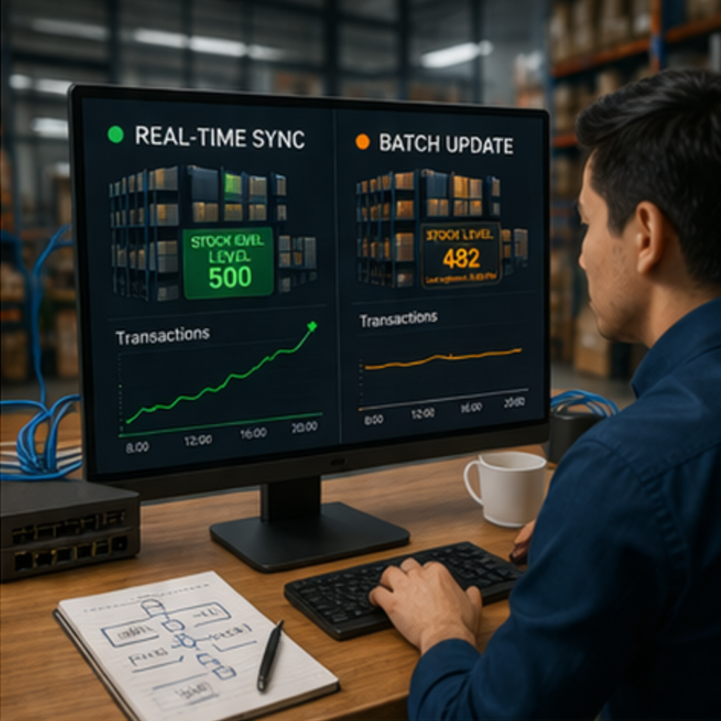Warehouse worker monitoring digital dashboards showing real-time stock updates, comparing live synchronization with batch updates, emphasizing data accuracy and operational responsiveness.