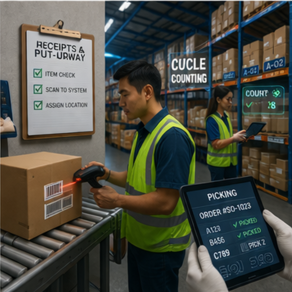 Employees scanning barcodes, performing cycle counts, and managing receiving and put-away processes, highlighting structured workflows that enforce stock accuracy.
