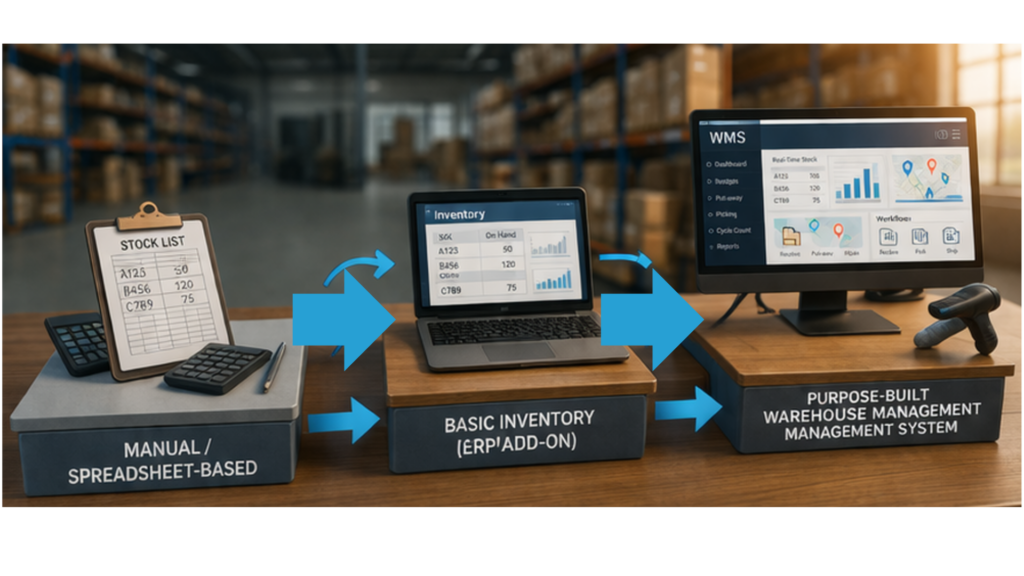 A progression from manual spreadsheet inventory, to ERP add-on modules, to a modern purpose-built Warehouse Management System (WMS), illustrating the evolution of inventory control systems as operational complexity grows.