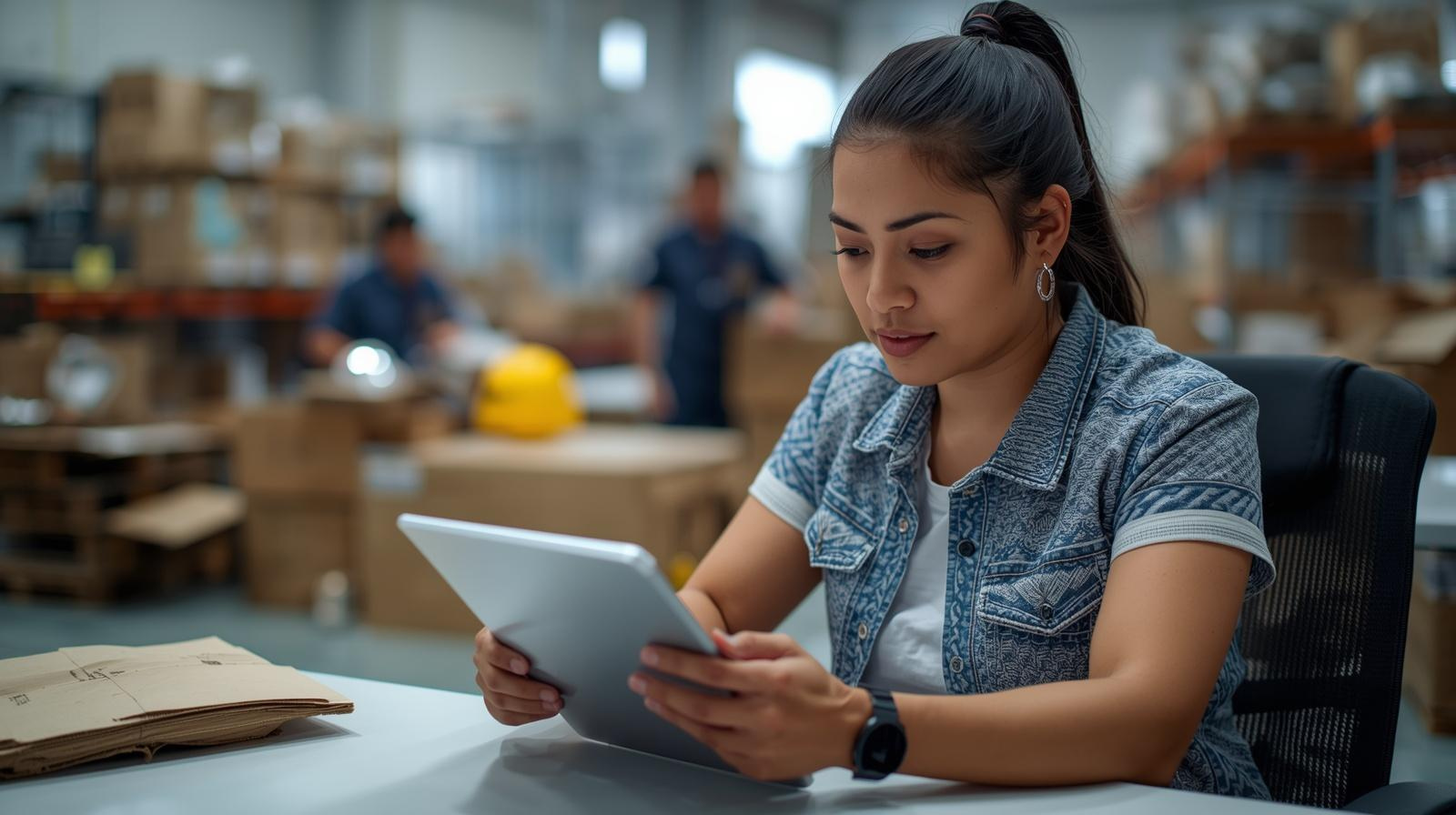 Manager reviewing incomplete inventory reports in warehouse