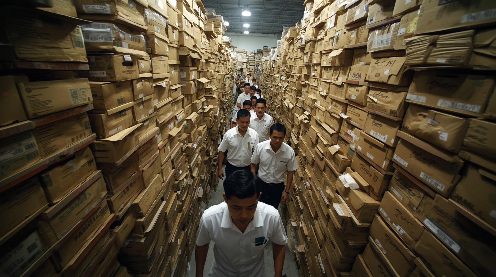 Stacks of unfulfilled orders causing warehouse congestion.