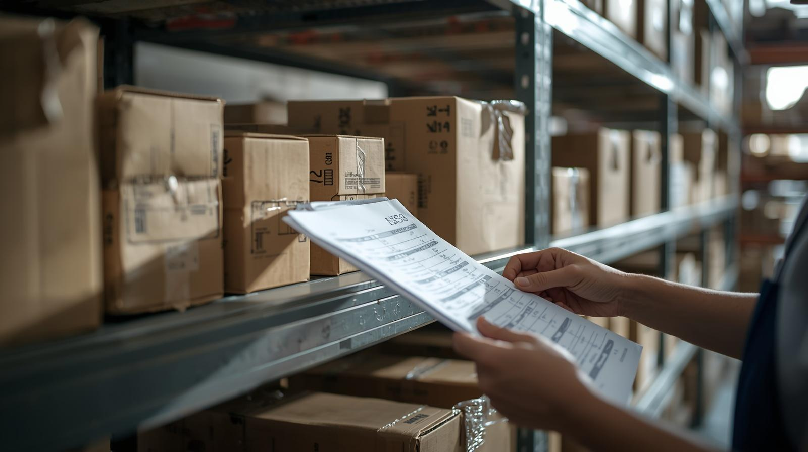 Staff checking mismatched inventory on warehouse shelves.