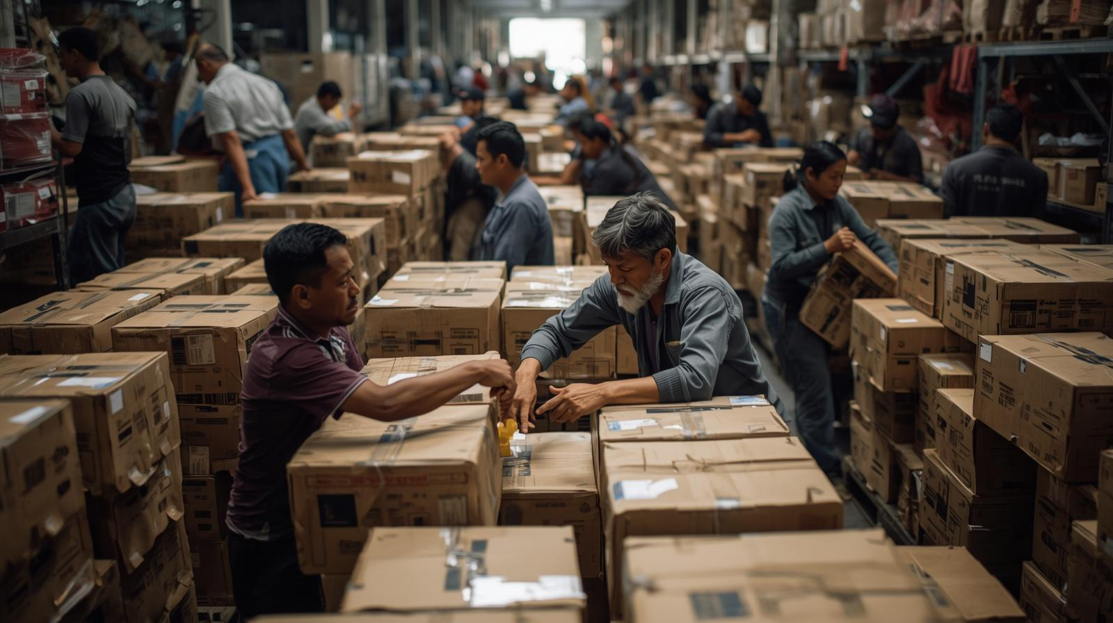 Warehouse staff performing manual labor and correcting errors.