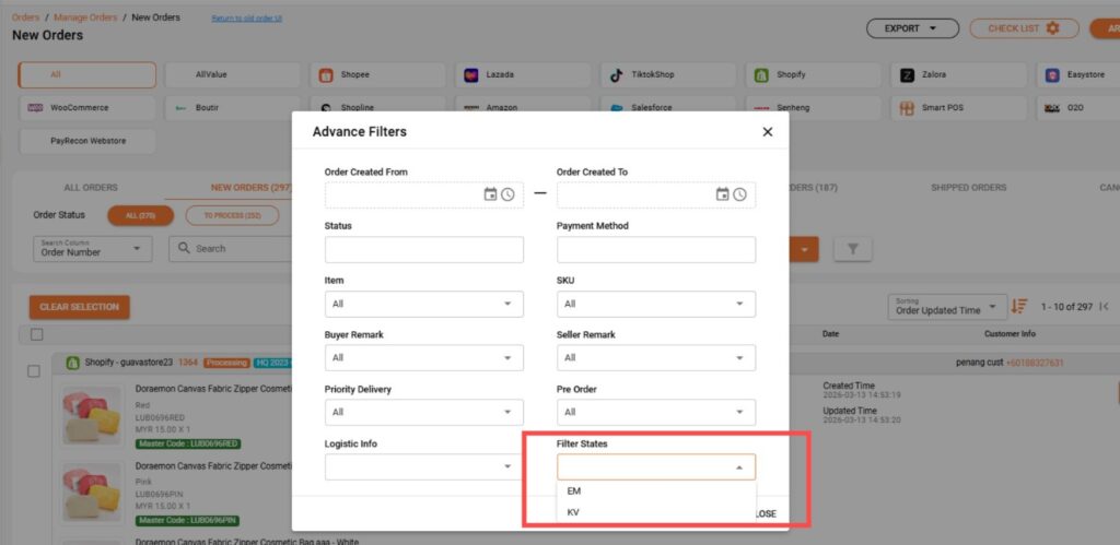 Preset Location Filters for Orders interface
