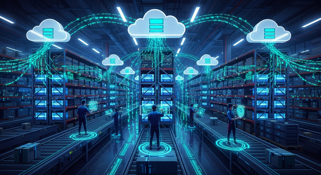 Futuristic Malaysian warehouse with cloud tech Cloud WMS Benefits Malaysia