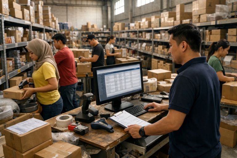 PayRecon WMS Pricing Comparison in a Malaysian SME warehouse showing real operational workflow and inventory management activity