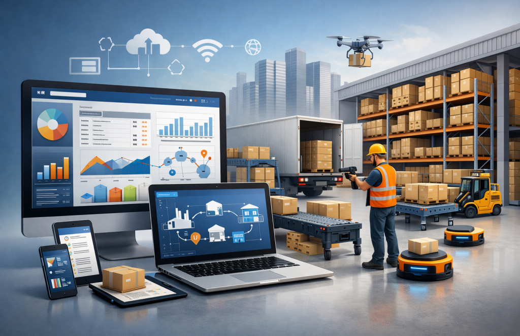 Modern warehouse with worker scanning boxes and digital inventory dashboards.