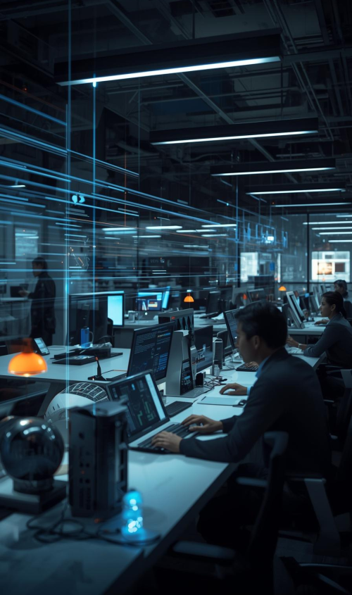 Professional workspace showing workflow and system complexity with people and digital devices.